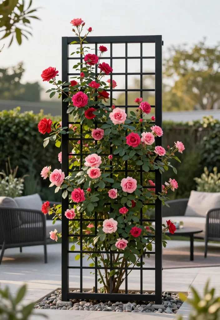 12 Rose Trellis Ideas for Elegant Garden Displays 13 12 Rose Trellis Ideas for Elegant Garden Displays 3. Vertical Grid Trellis 0