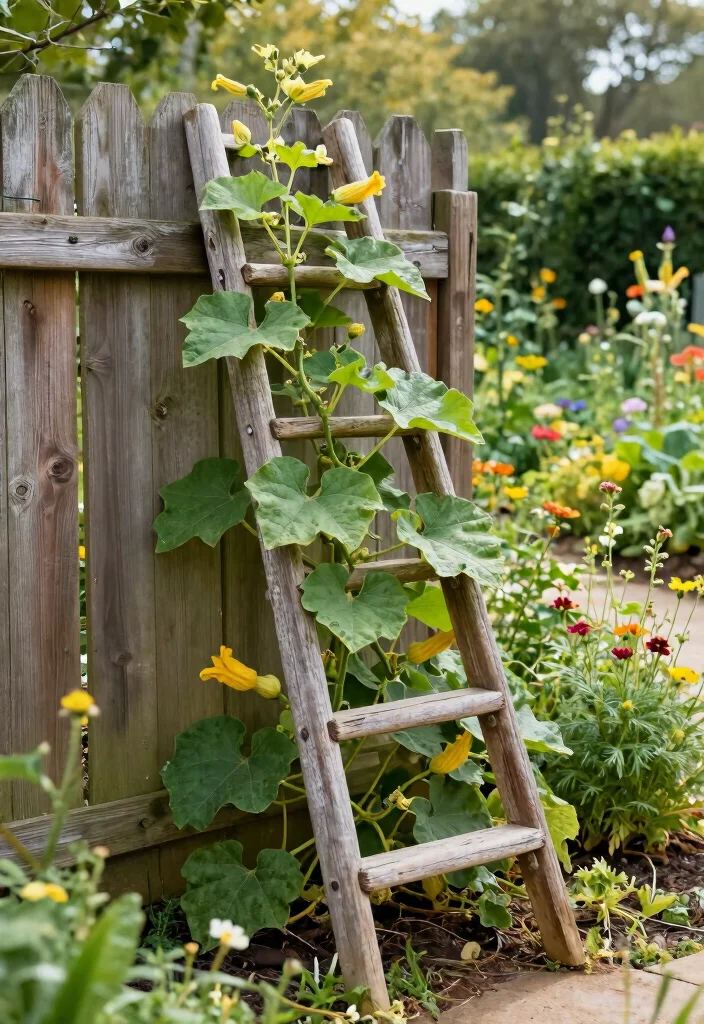 12 Squash Trellis Ideas for Vertical Vegetable Gardens 2. Rustic Ladder Trellis 0