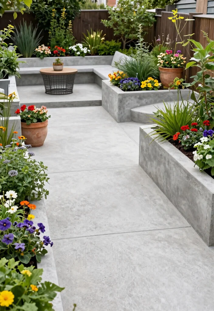 12 Stamped Concrete Patio Ideas for Decorative Surfaces 9. Integrated Planters in Design 0