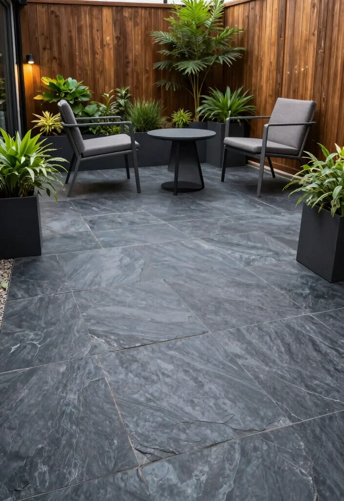 12 Stone Patio Ideas for Timeless Natural Style 12 12 Stone Patio Ideas for Timeless Natural Style 2. Sleek Modern Slate Patio 0