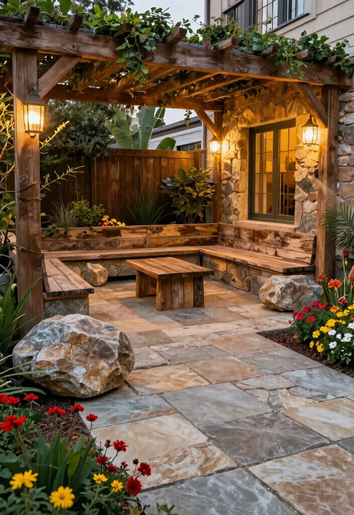 12 Stone Patio Ideas for Timeless Natural Style 34 12 Stone Patio Ideas for Timeless Natural Style 4. Stone and Wood Harmony 0
