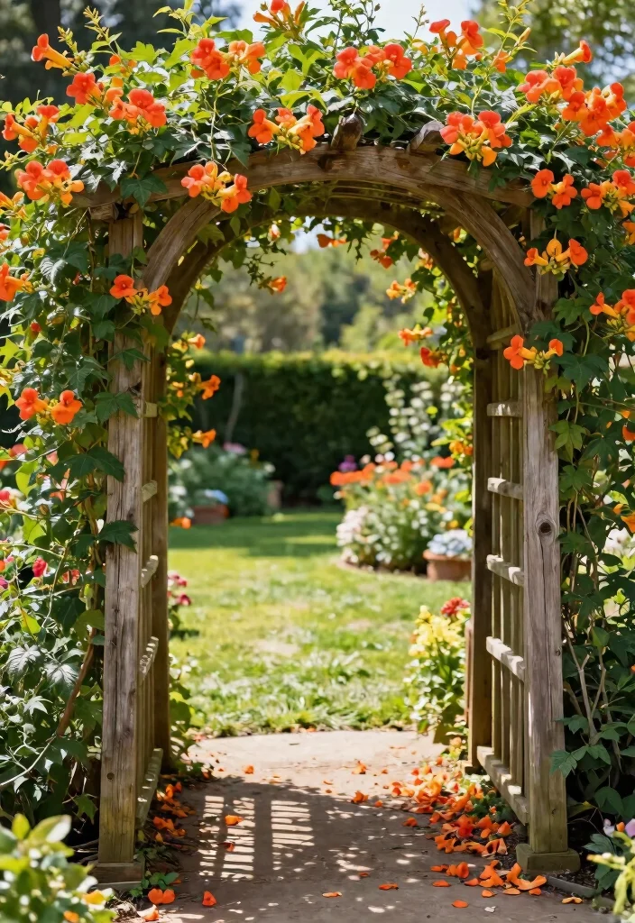 12 Trumpet Vine Trellis Ideas for Bold Vertical Color 1. Rustic Wooden Arch Trellis 0