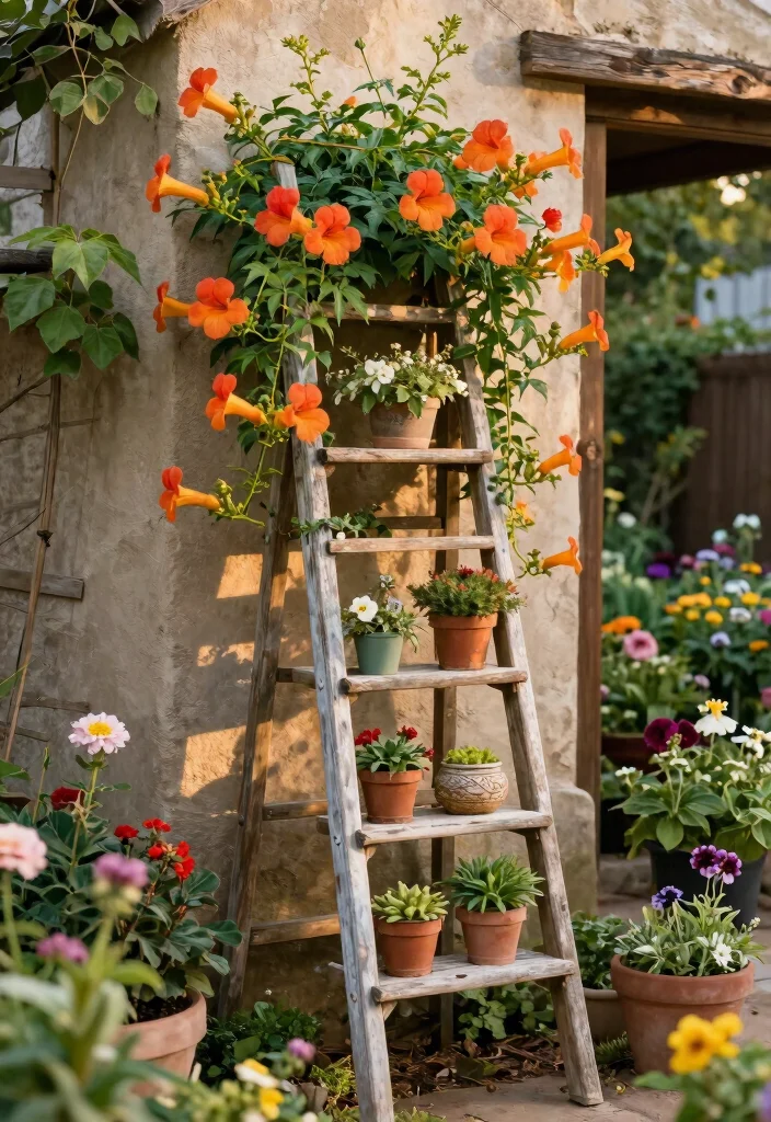 12 Trumpet Vine Trellis Ideas for Bold Vertical Color 12. Decorative Ladder Trellis 0
