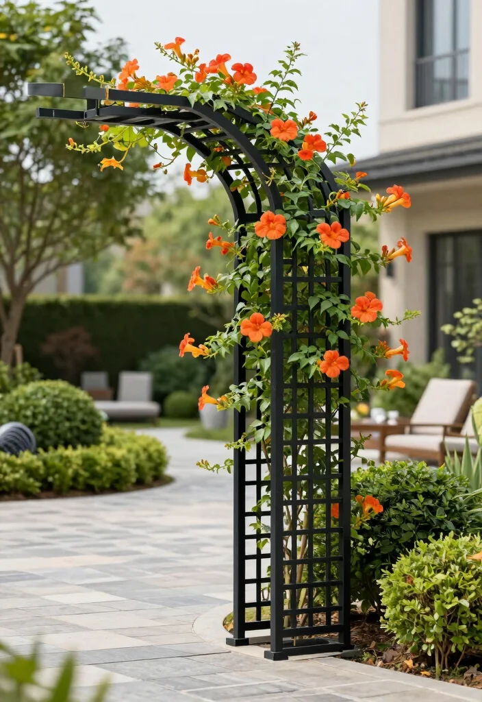 12 Trumpet Vine Trellis Ideas for Bold Vertical Color 2. Modern Metal Frame Trellis 0