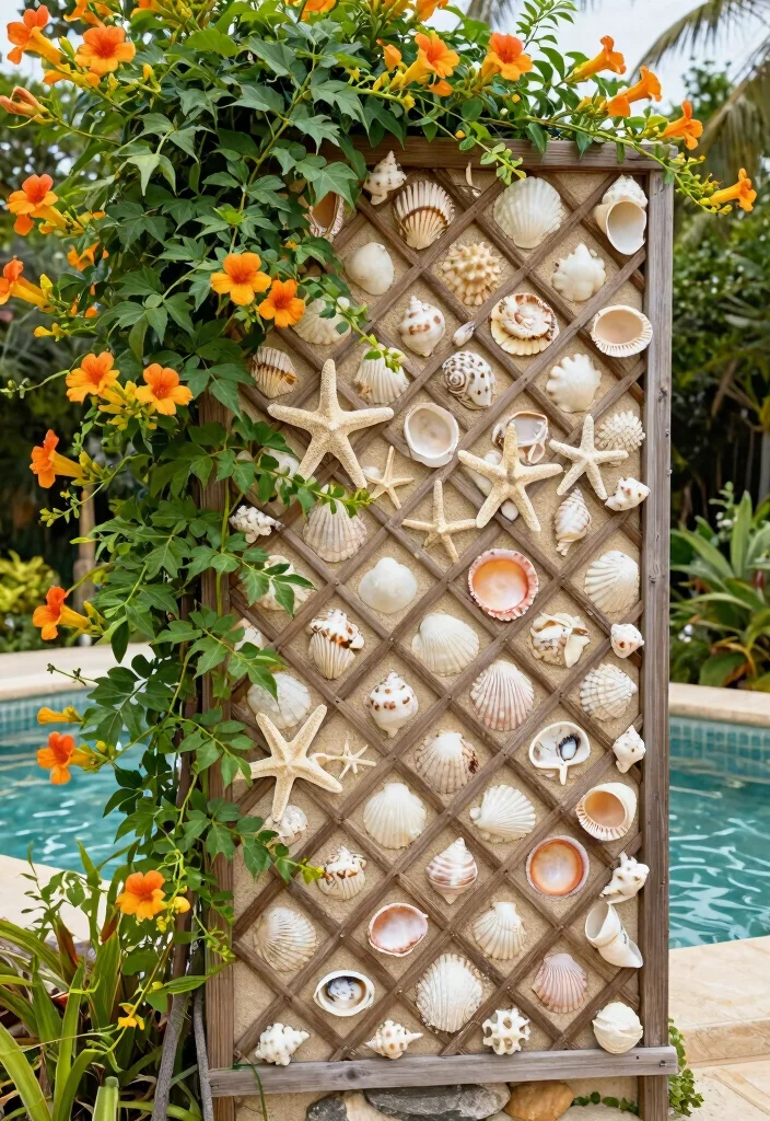 12 Trumpet Vine Trellis Ideas for Bold Vertical Color 4. Trellis Wall with Shell Accents 0