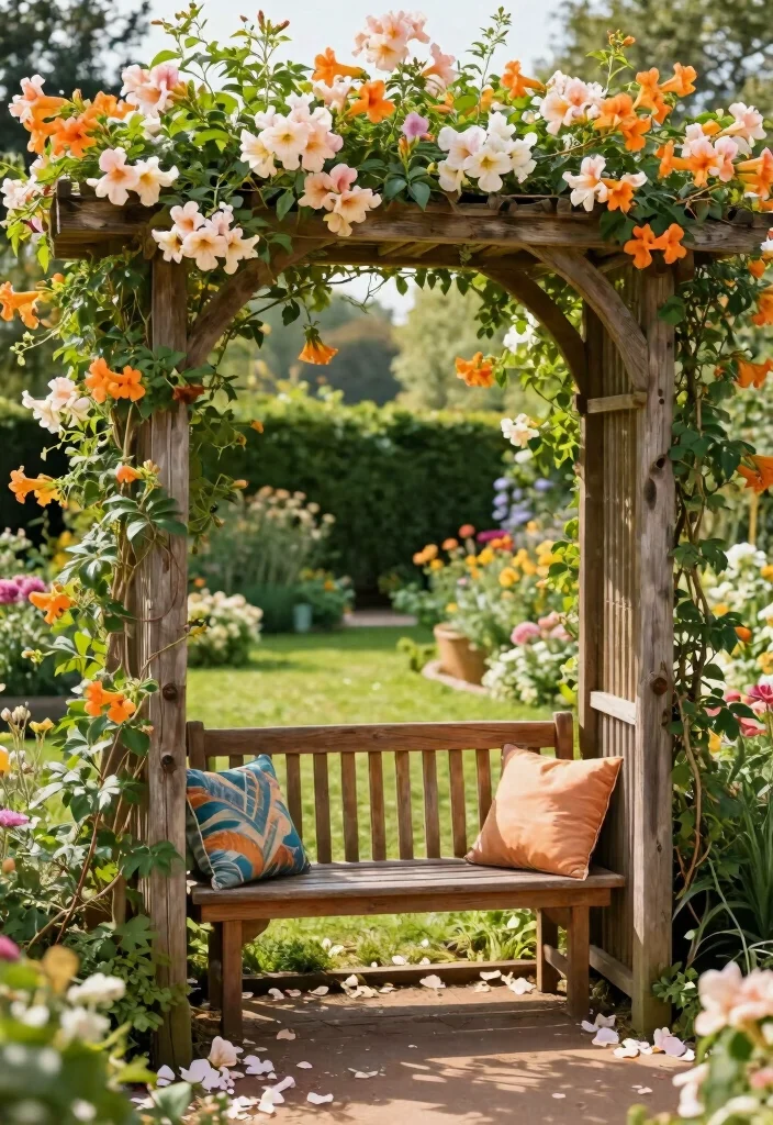 12 Trumpet Vine Trellis Ideas for Bold Vertical Color 5. Garden Archway with Seating 0