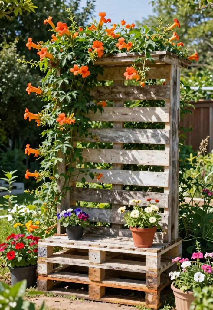 12 Trumpet Vine Trellis Ideas for Bold Vertical Color 7. Pallet Trellis 0