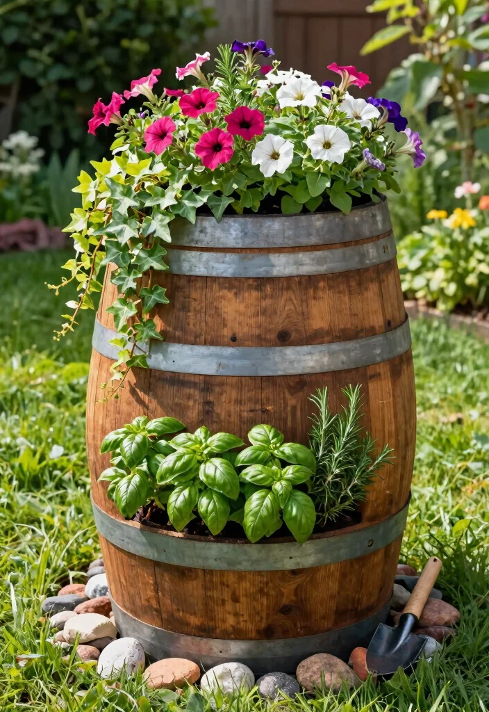 12 Whiskey Barrel Planter Ideas for Rustic Garden Charm 1. Vertical Whiskey Barrel Planter 0