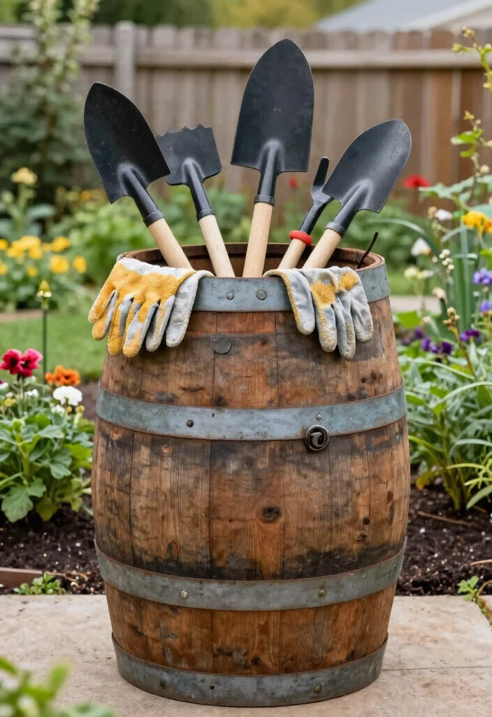 12 Whiskey Barrel Planter Ideas for Rustic Garden Charm 10. Garden Tool Storage 0