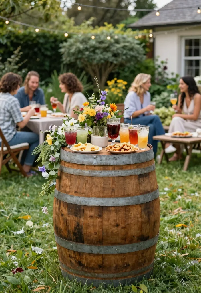 12 Whiskey Barrel Planter Ideas for Rustic Garden Charm 12. Upcycled Barrel Serving Station 0