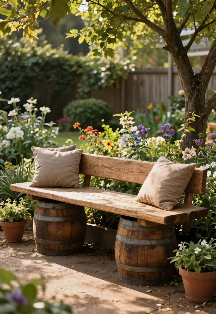 12 Whiskey Barrel Planter Ideas for Rustic Garden Charm 5. Rustic Garden Bench 0