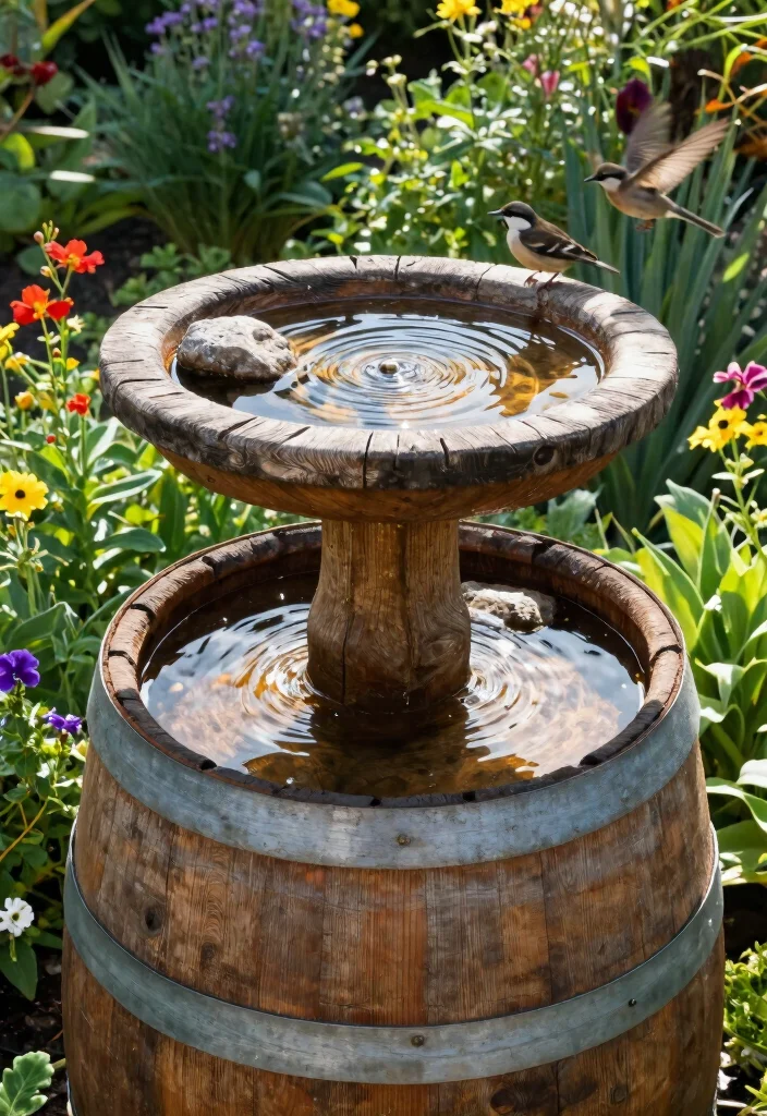 12 Whiskey Barrel Planter Ideas for Rustic Garden Charm 7. Rustic Bird Bath 0