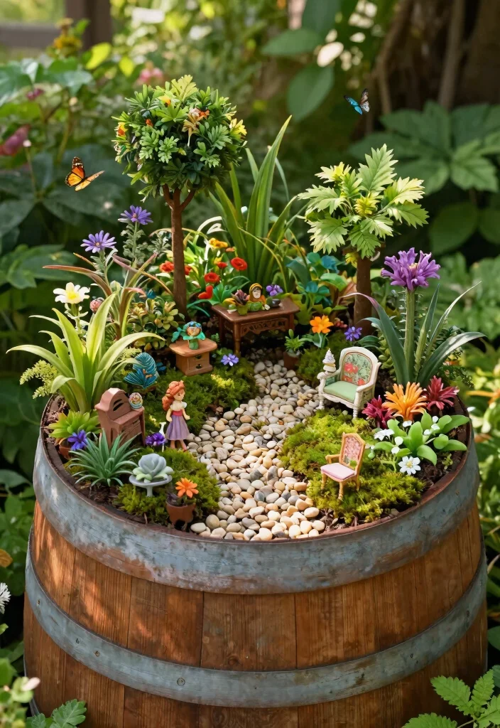 12 Whiskey Barrel Planter Ideas for Rustic Garden Charm 8. Fairy Garden Delight 0