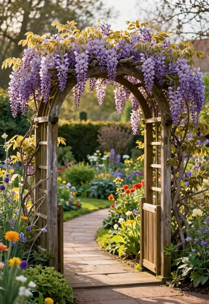 12 Wisteria Trellis Ideas for Dramatic Blooms and Shade 1. Rustic Wooden Arch Trellis 0