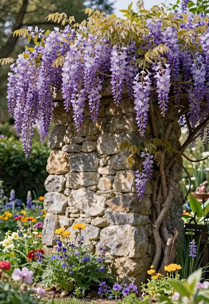 12 Wisteria Trellis Ideas for Dramatic Blooms and Shade 11. Wisteria and Stone Wall Combo 0