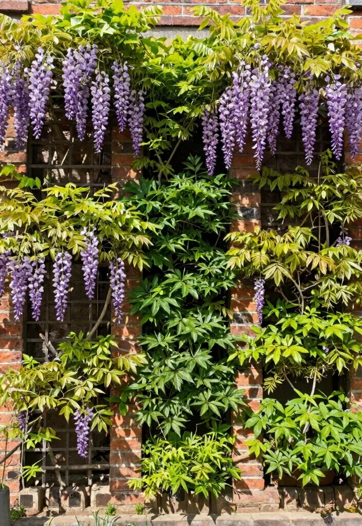 12 Wisteria Trellis Ideas for Dramatic Blooms and Shade 2. Vertical Garden Wall with Wisteria 0