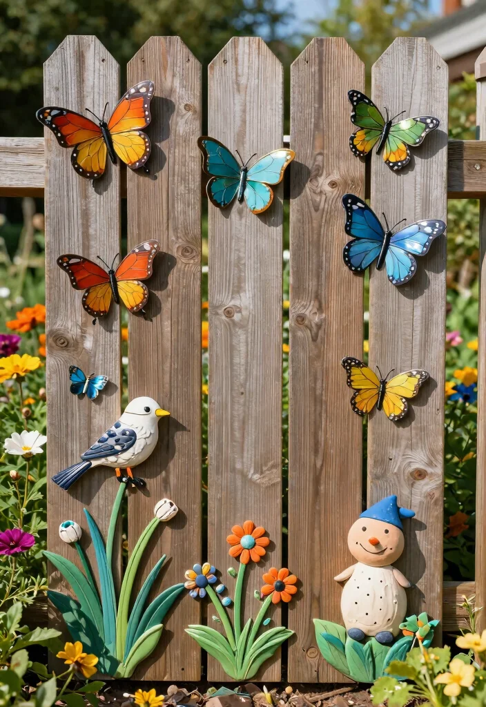 12 Wooden Fence Decorating Ideas to Personalize Your Yard 24 12 Wooden Fence Decorating Ideas to Personalize Your Yard 4. Whimsical Garden Art 0