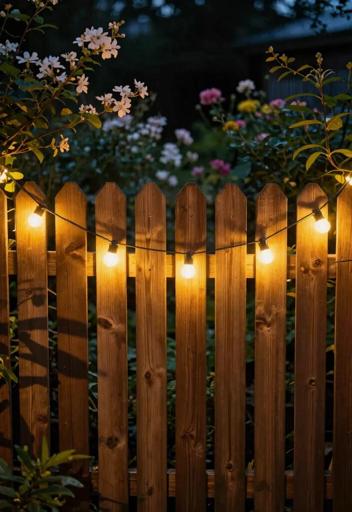 12 Wooden Fence Decorating Ideas to Personalize Your Yard 25 12 Wooden Fence Decorating Ideas to Personalize Your Yard 5. String Lights for a Magical Ambiance 0