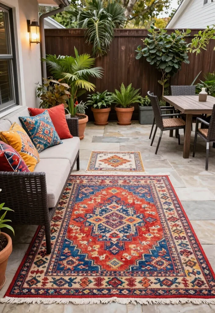 14 Back Patio Ideas for Everyday Outdoor Use 14. Creating Zones with Rugs 0