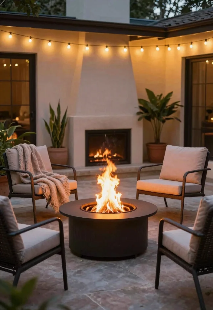 14 Back Patio Ideas for Everyday Outdoor Use 3. Cozy Fire Pit for Ambiance 0
