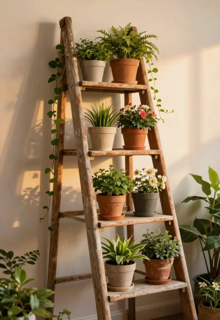 14 Back Patio Ideas on a Budget That Look Polished 52 14 Back Patio Ideas on a Budget That Look Polished 12. Plant Ladder Display 0