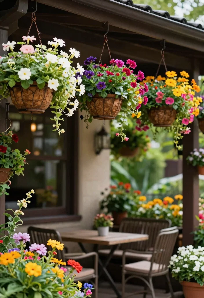 14 Back Patio Ideas on a Budget That Look Polished 54 14 Back Patio Ideas on a Budget That Look Polished 14. Seasonal Flower Baskets 0