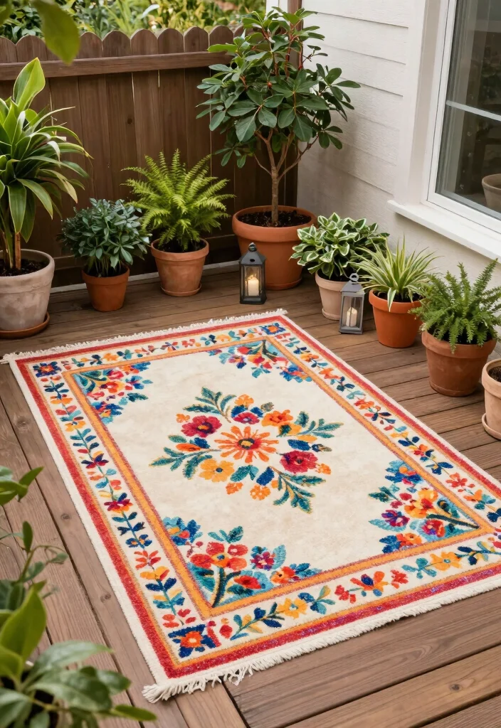 14 Back Patio Ideas on a Budget That Look Polished 36 14 Back Patio Ideas on a Budget That Look Polished 6. Colorful Outdoor Rugs 0