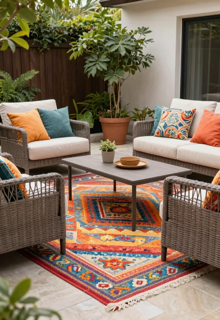 14 Backyard Ideas for Small Yards That Feel Open 11. Outdoor Rugs 0