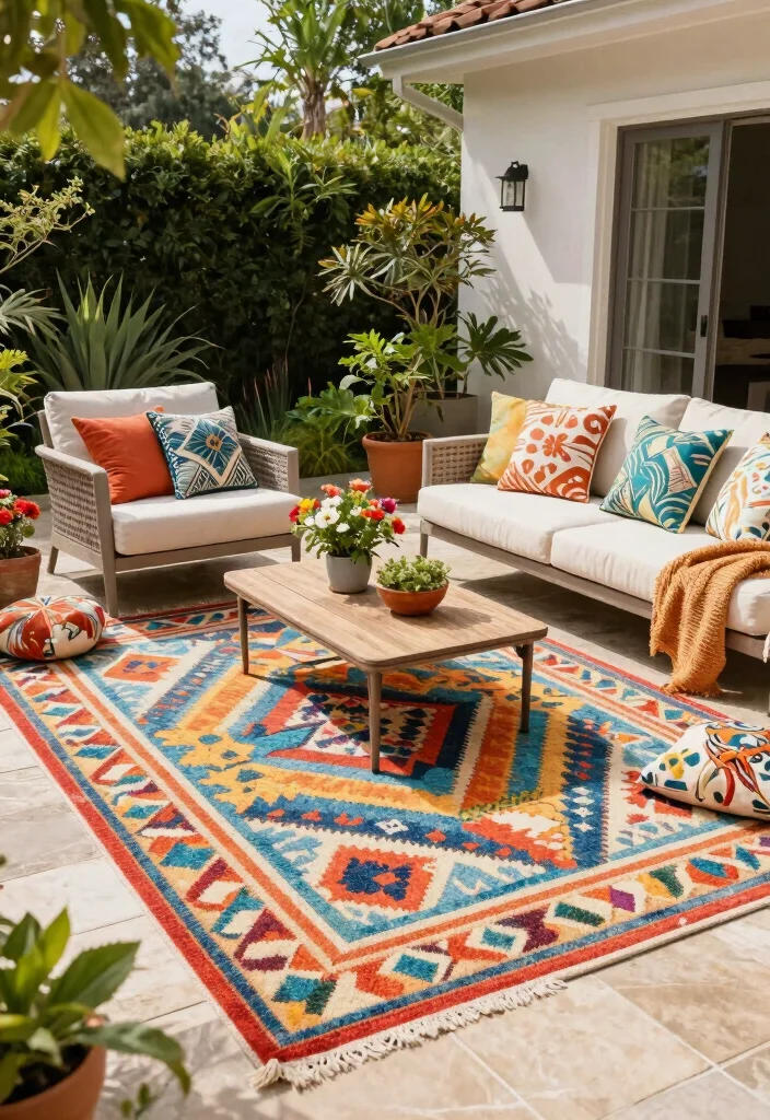 14 Backyard Patio Ideas That Balance Comfort and Style 14. Outdoor Rugs 0