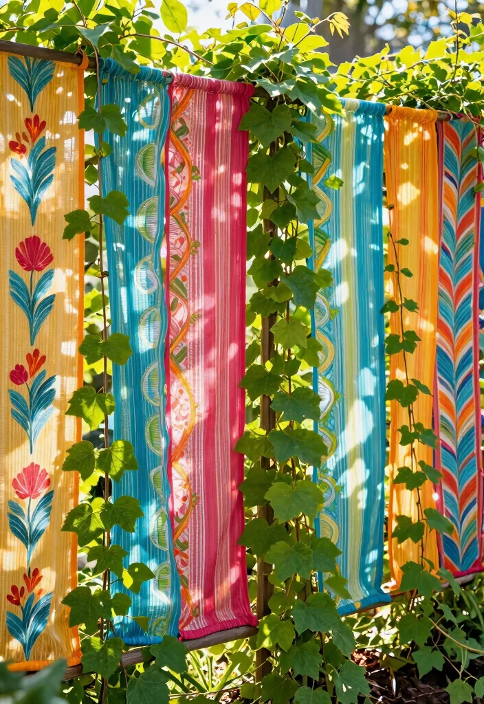 14 Garden Trellis Ideas to Support Vines and Add Visual Interest 10. Colorful Fabric Trellis 0