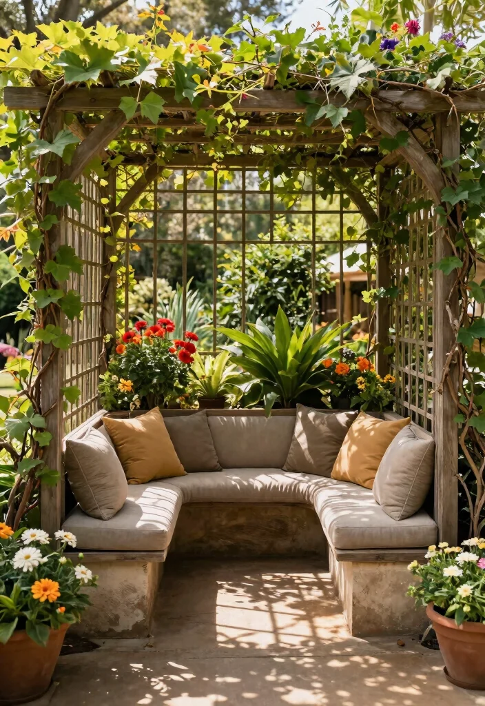 14 Outdoor Trellis Ideas for Backyards of Any Size 7. Trellis with Built in Seating 0