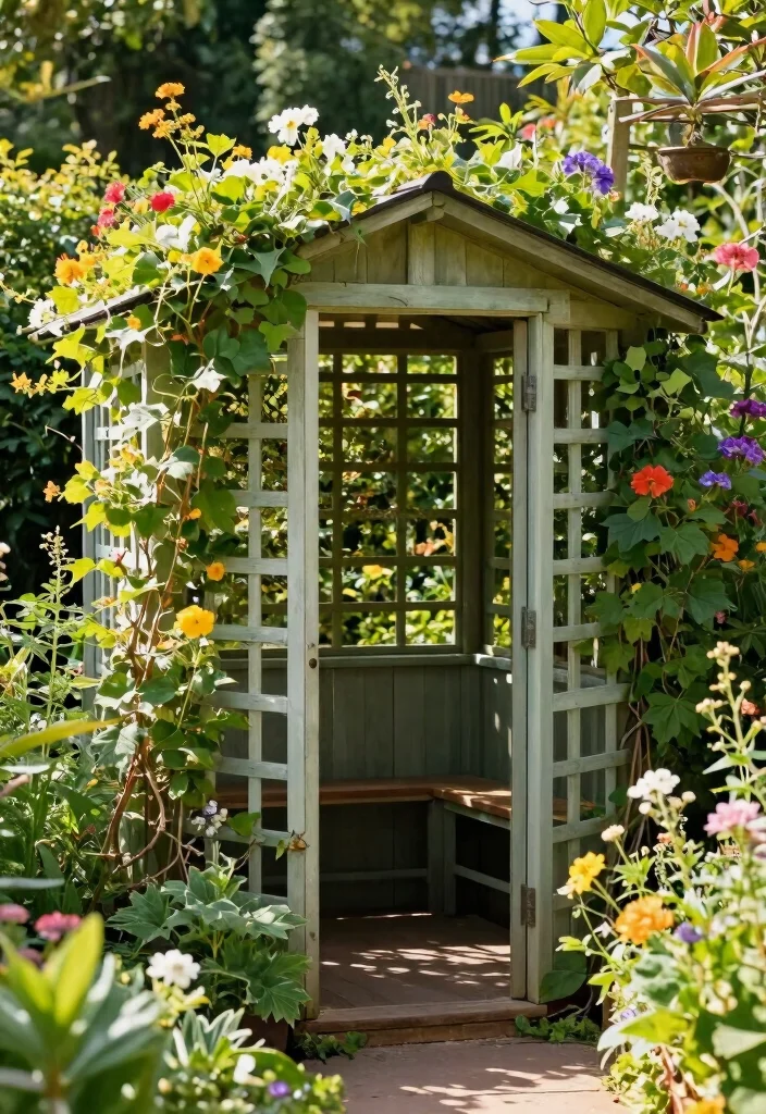 14 Outdoor Trellis Ideas for Backyards of Any Size 9. Trellis Integrated Garden Shed 0