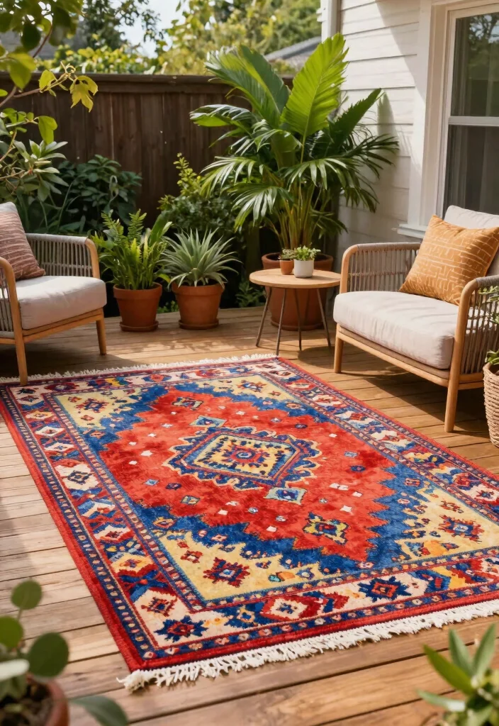 14 Patio Ideas on a Budget That Are Easy to Build 7. Outdoor Rug for Comfort 0