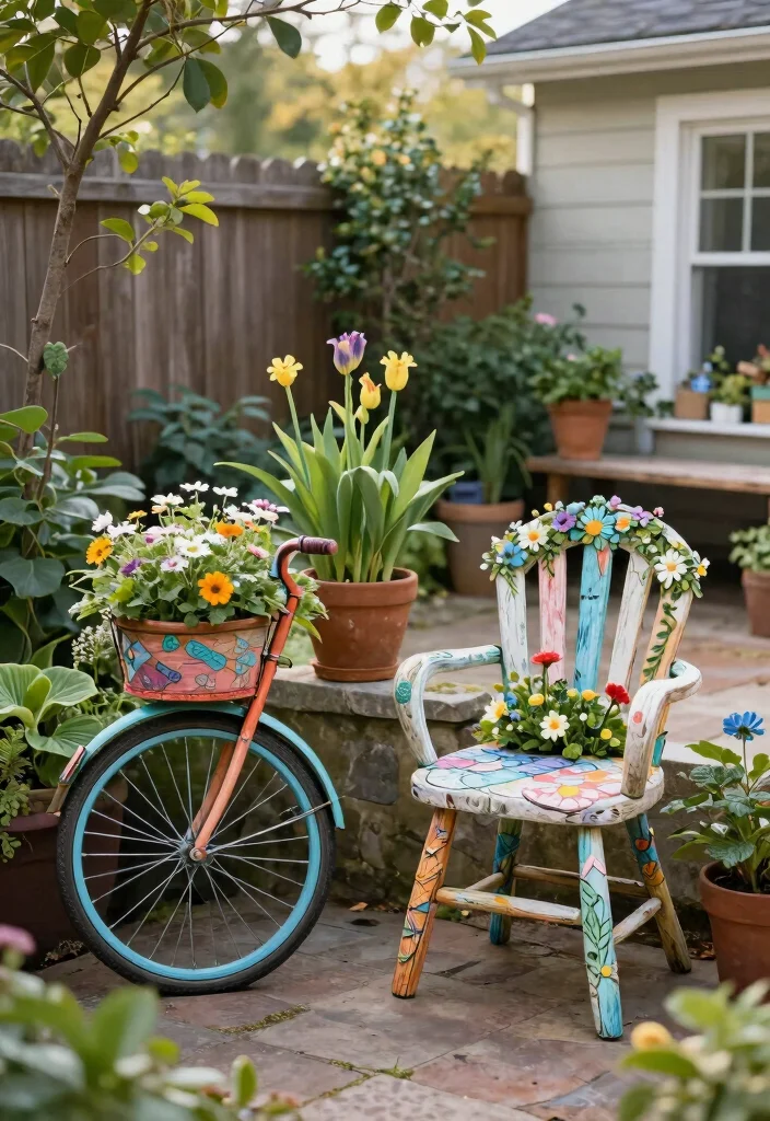14 Small Backyard Ideas That Make Limited Space Feel Bigger 14. Upcycled Garden Art 0
