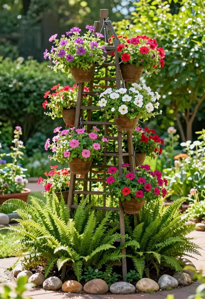 14 Trellis Garden Ideas to Keep Plants Organized and Upright 10. Trellis with Hanging Baskets 0