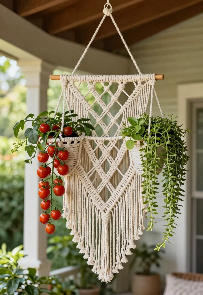 14 Vegetable Garden Trellis Ideas for Higher Yields 13. Hanging Macrame Trellis 0