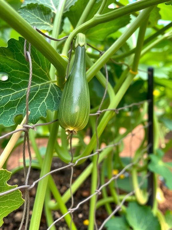 train zucchini stems vertically on trellis