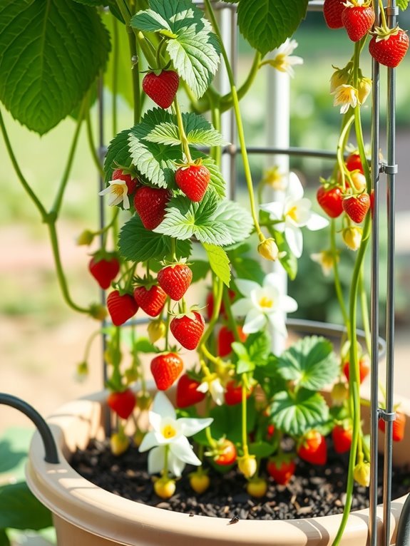 vertical strawberry trellis yields more fruit