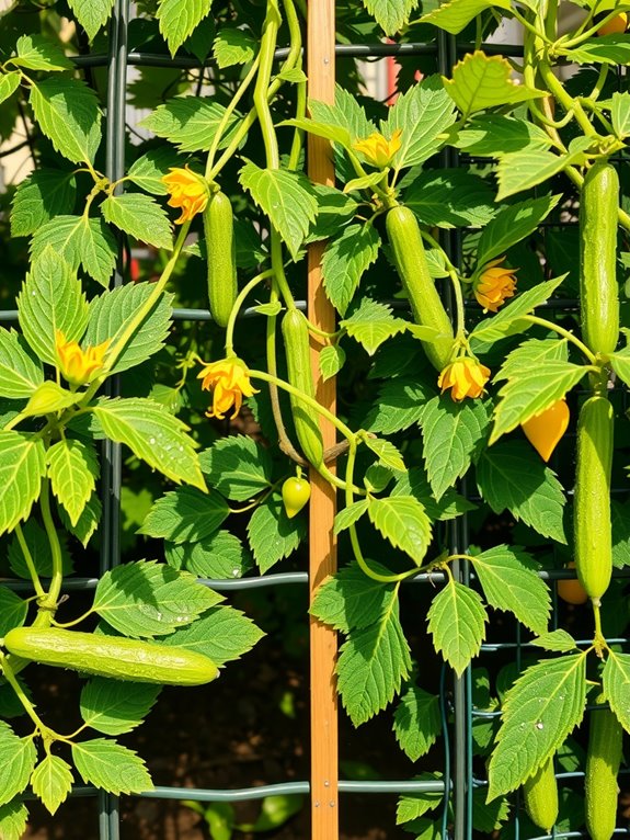 vining cucumbers on trellis flourish